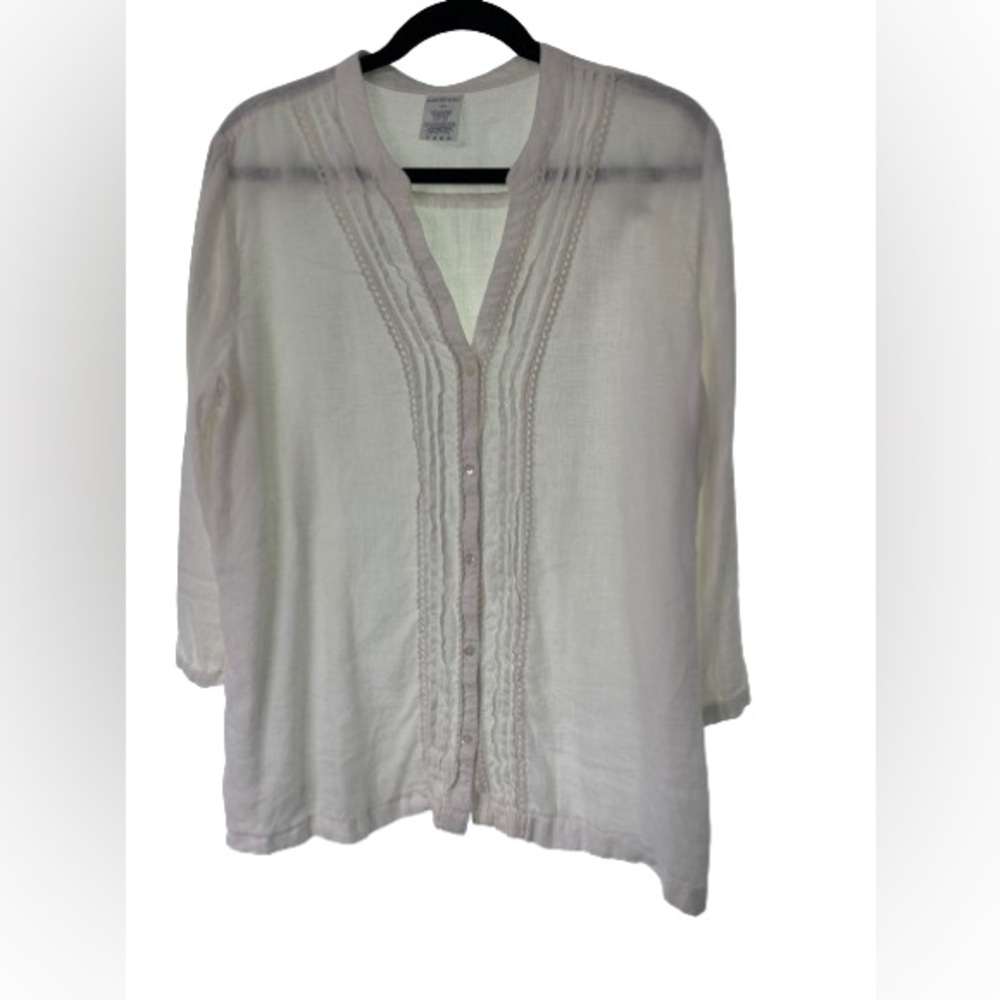 Lands’ End White Linen Button Down Tunic Top 3/4 Sleeves Women’s Size L
